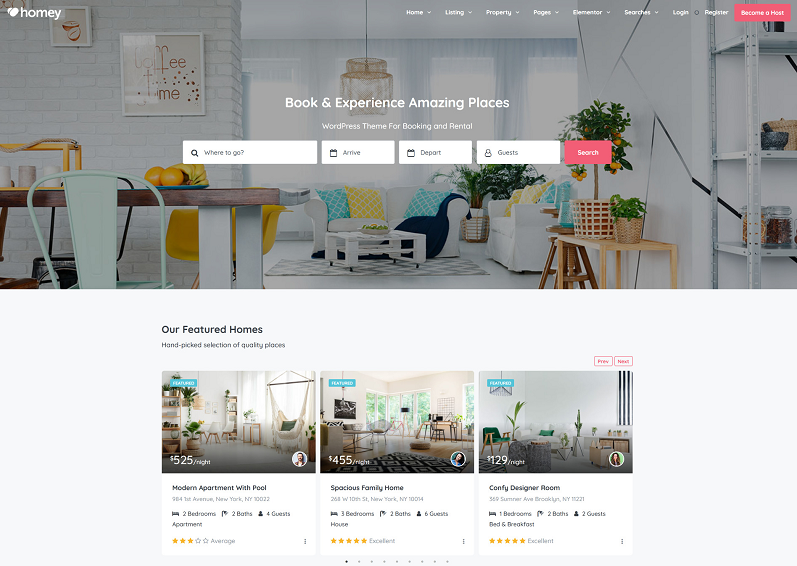 homey booking and rental theme
